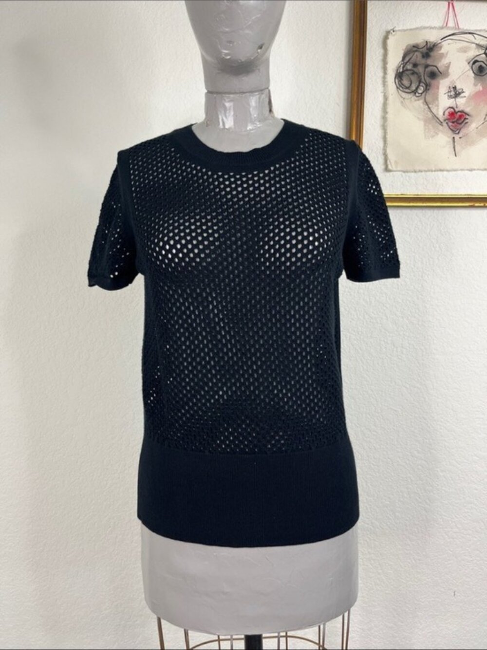 STEFANEL Perforated Open Knit Crochet Short Sleeve Crew Neck Sweater Top